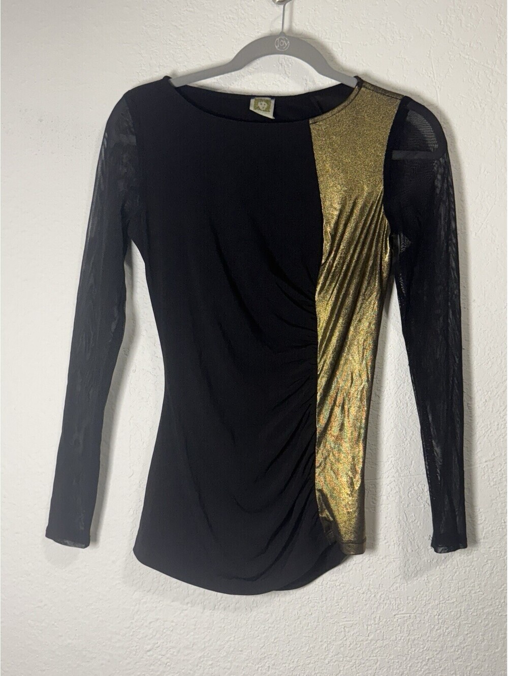 Anne Klein Womens Blouse Black & Gold W/ Sheer Long Sleeves Size 2